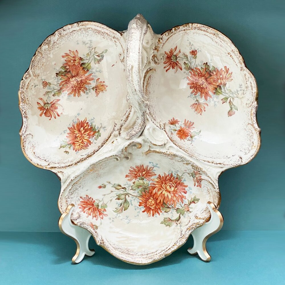 Antique Serving Platter with Gold Detail - Condiment Dish - Transfer Ware